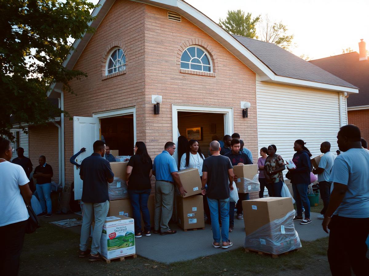 Community members helping unload donations